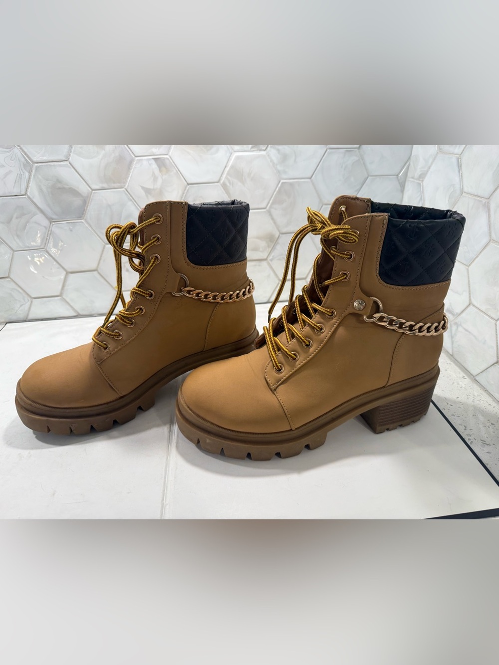 Juicy Couture Question Woman’s Quilted Gold Chain Tan Ankle Boots Sz 10 Combat